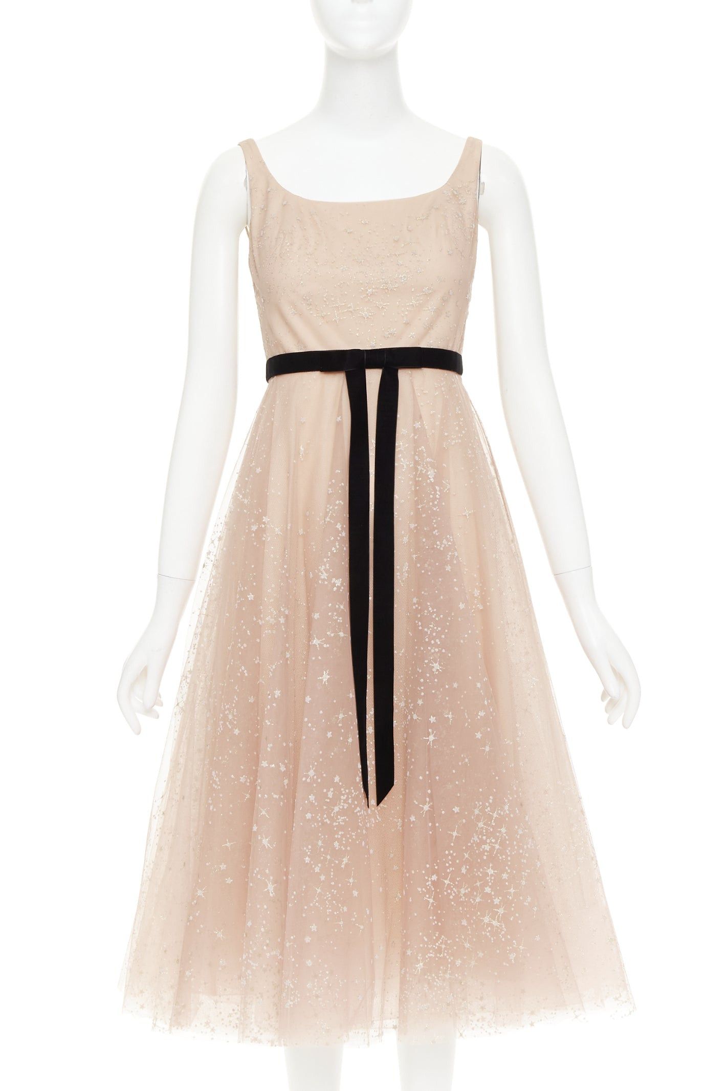 Marchesa MARCHESA NOTTE blush pink glitter tulle black velvet bow tea length gown US2 S Size S / US 4 / IT 40 - 1 Thumbnail