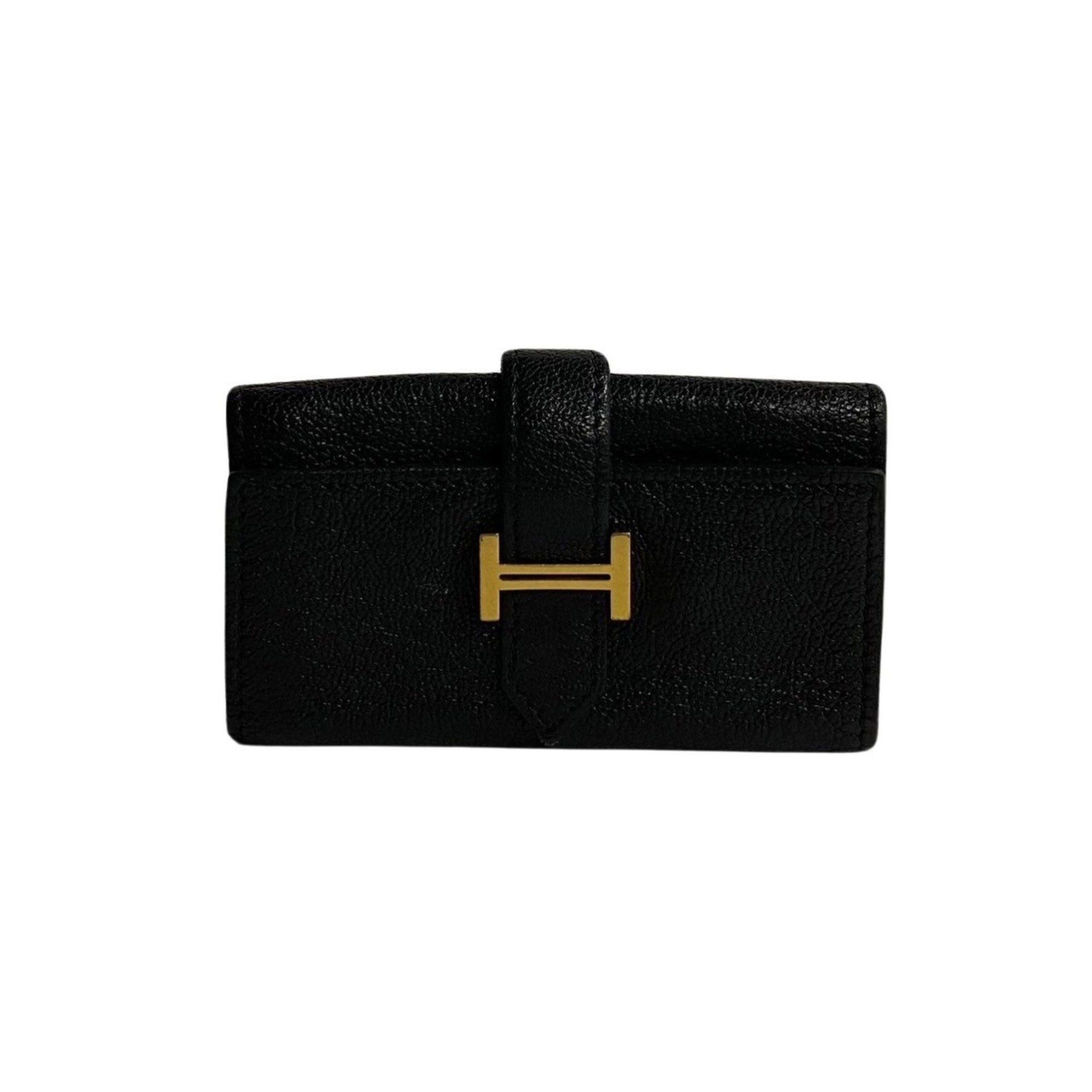 image of Hermes Bearn Chevre Misor Leather Tri-Fold 4-Row Key Case Black 81503, Women's