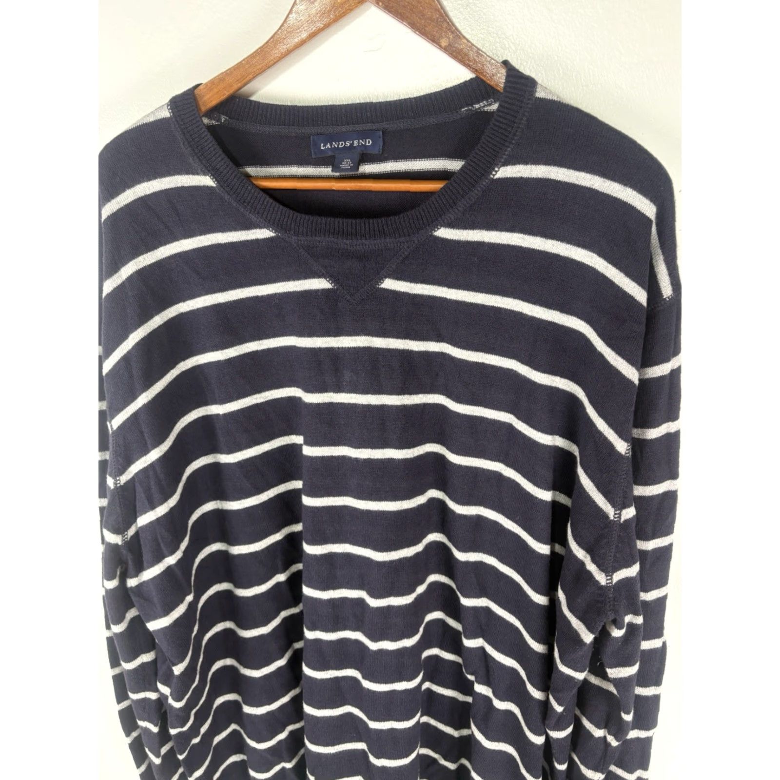 Lands' End Lands' End Men’s Sweater 2XL Casual Crew Neck Pullover Blue Stripe Cashmere Cotton Knit Size US XXL / EU 58 / 5 - 2 Thumbnail