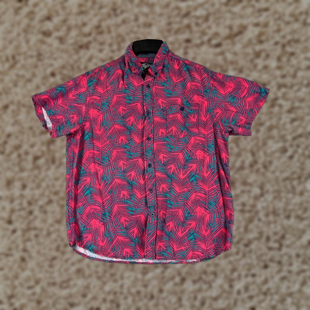 Vintage Eighty Eight Shirt Men Adult Large Pink Green Palm All Over Print Button Up Viscose Floral Short Sleeve Casual Shirt Size US L / EU 52-54 / 3 - 1 Thumbnail