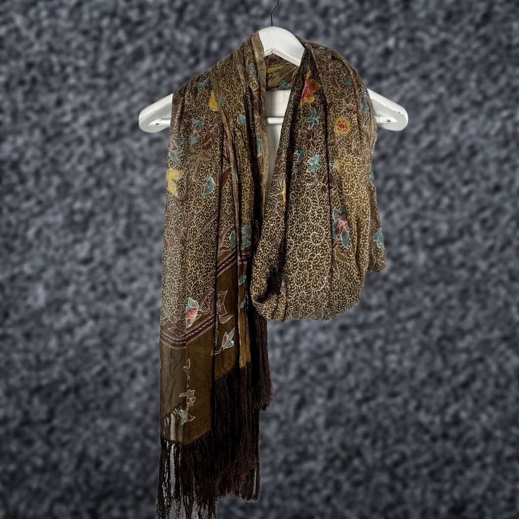Anthropologie Womens Floral Silk Scarf Fringe Trim Brown Yellow Lightweight Boho 37"x94" Size ONE SIZE - 1 Thumbnail