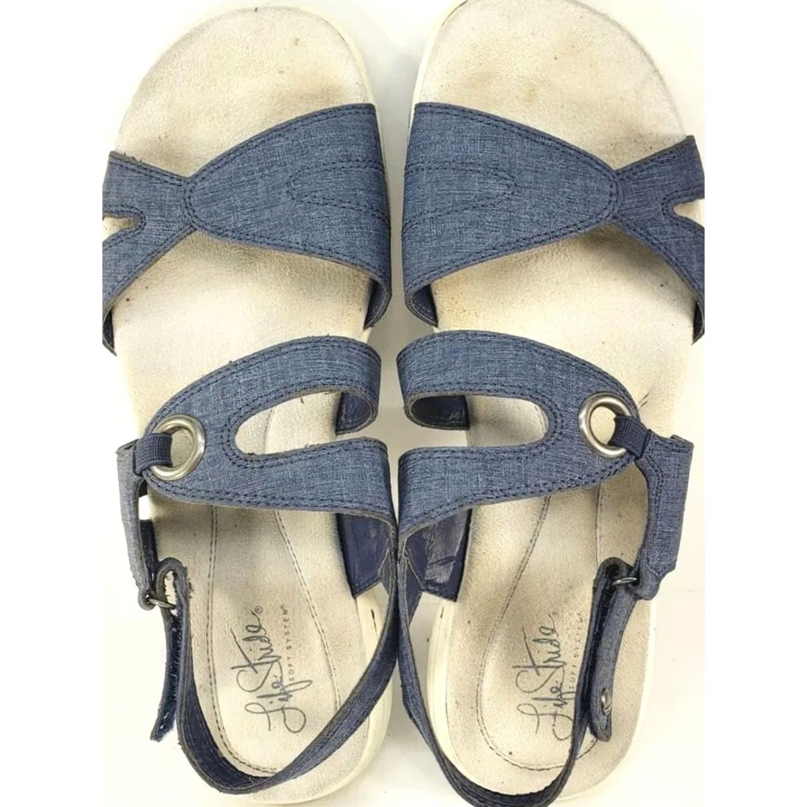 Vintage Womens Life Stride Charcter Denim Blue Strappy Sandals Hook & Loop Sandal Size 10 White? No, blue. Size US 10 / IT 40 - 6 Thumbnail