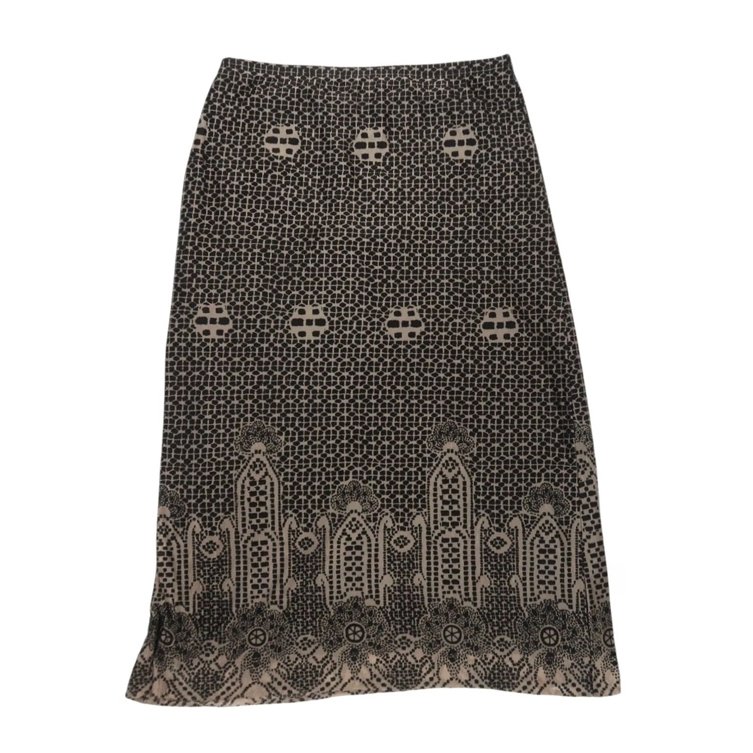 Vintage VINTAGE Henna Skirt Geometric Midi S Black Tan Grid Mandala Print A-Line Women XS? Size 28" / US 6 / IT 42 - 2 Thumbnail