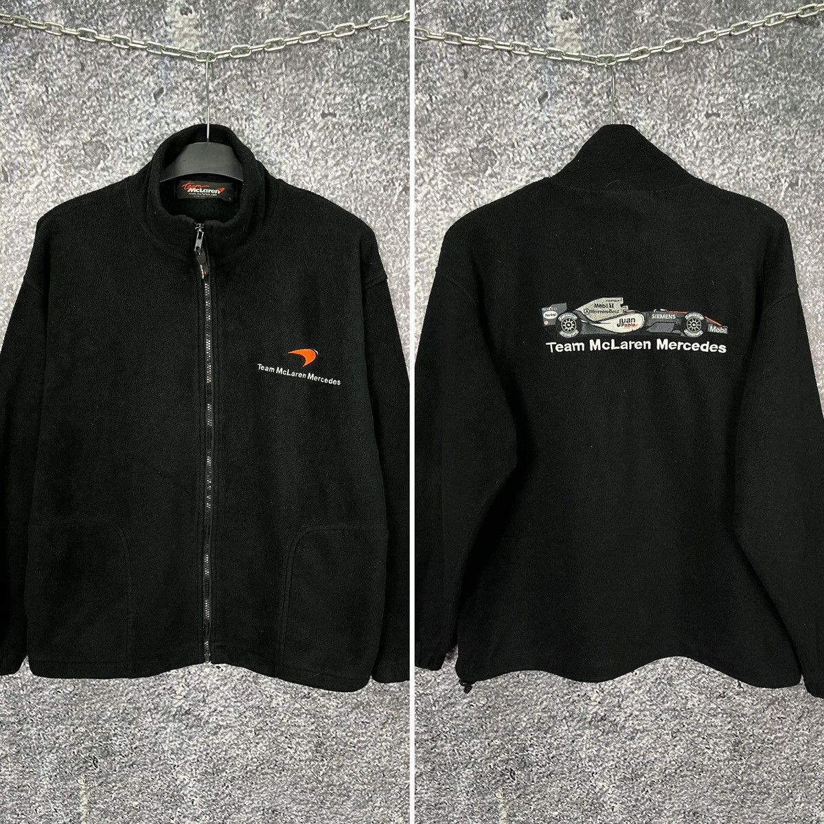 image of Malcolm Mclaren x Mercedes Benz Team Mclaren Mercedes Fleece Racing Jacket Sherpa Mobil1 in Black (