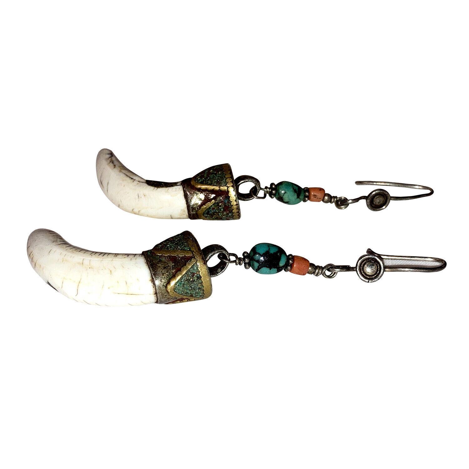 Designer Tibetan Sterling Red Coral Turquoise Shell Tusk Earrings Size ONE SIZE - 3 Thumbnail