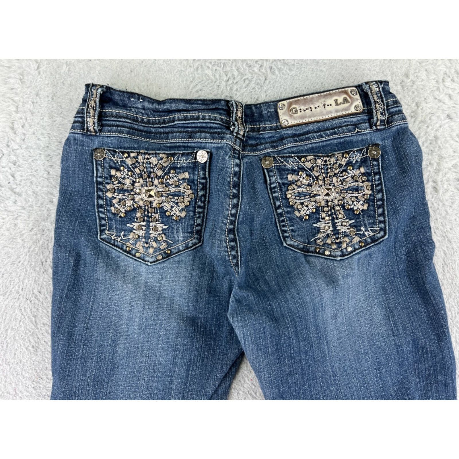 Grace in LA Grace In LA Jeans Womens 11 Blue Denim Low Rise Bling Embroidered Bootcut Stretch Featured Size 32" / US 10 / IT 46 - 3 Thumbnail