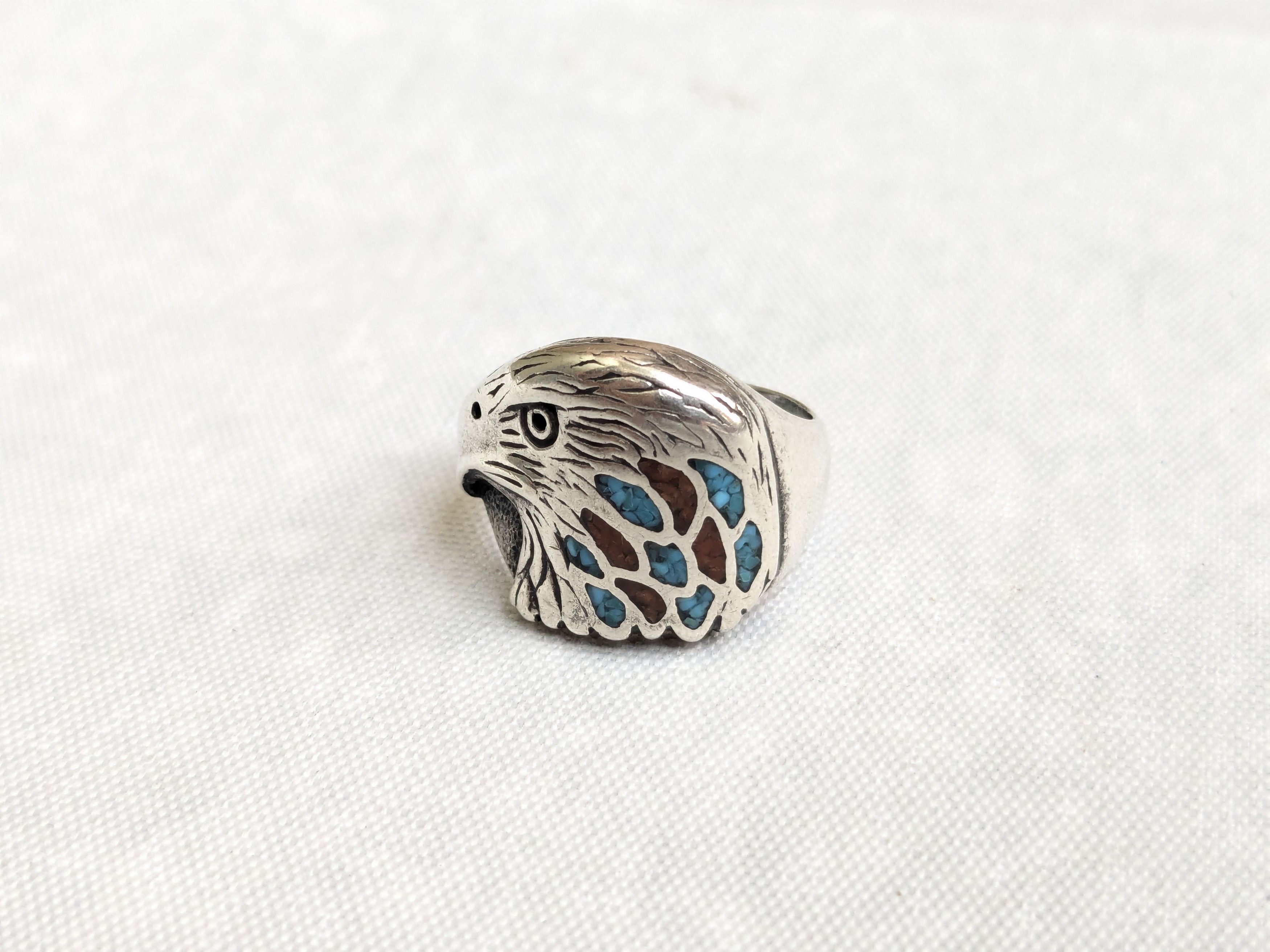 Jewelry Sterling Silver Ring Crushed Turquoise Coral 8 Eagle Native Size ONE SIZE - 4 Thumbnail