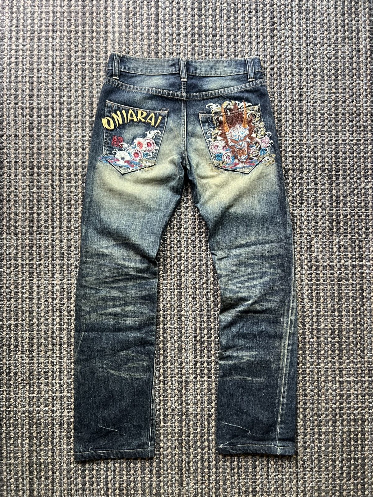 Japanese Brand 00’s Oniarai Embroided Evisu Style Jeans Japanese Demon Size US 29 - 1 Thumbnail