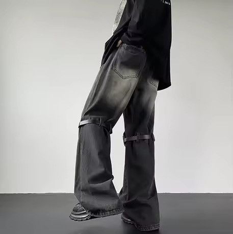 Jean Washed Black Baggy Wide Leg Knee Strap Jeans Size US 31 - 7 Thumbnail