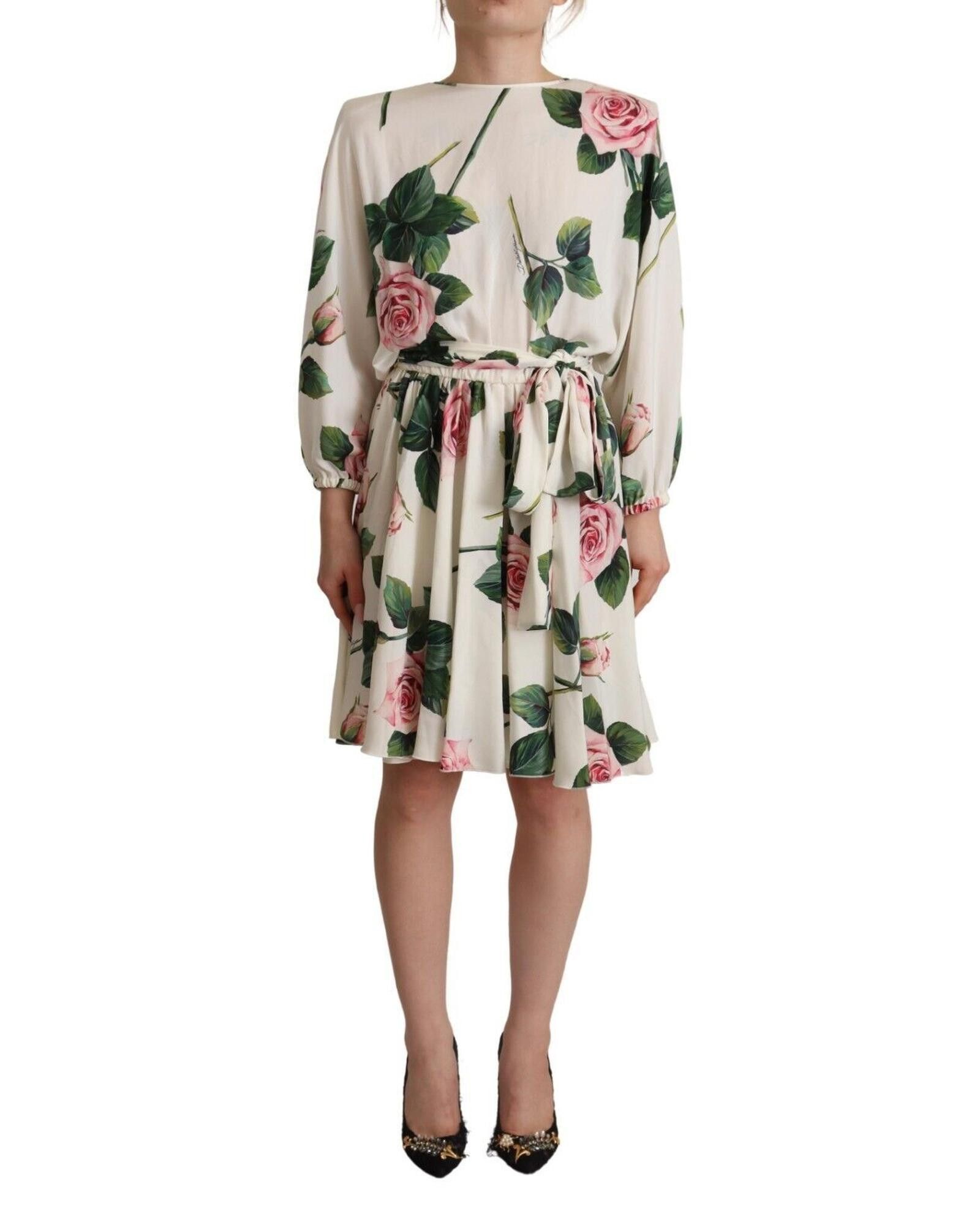 Image of Dolce Gabbana Floral Print Long Sleeves A-Line Dress in White, Women's (Size XS)