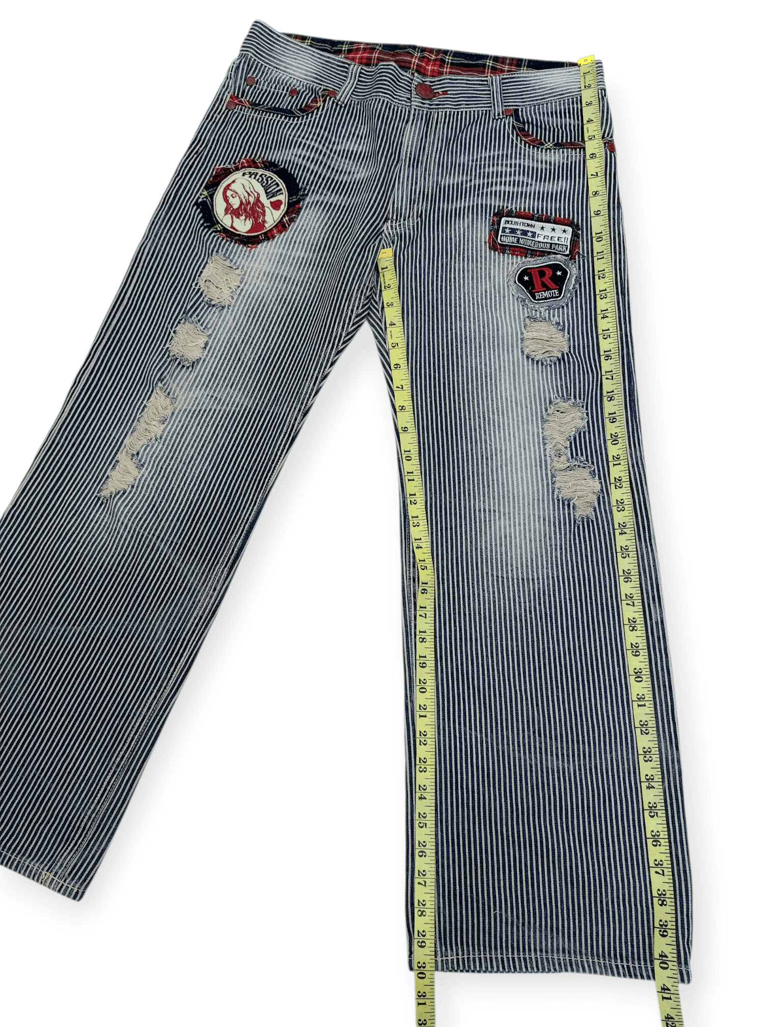 If Six Was Nine Y2K Patchwork Hickory Stripe Baggy Original Jeans Size US 35 - 16 Thumbnail