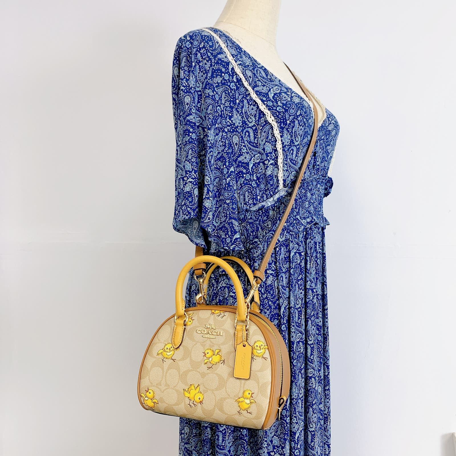 image of Coach Cc427 Sydney Satchel In Signature Canvas Khaki Multi in Yellow, Women's