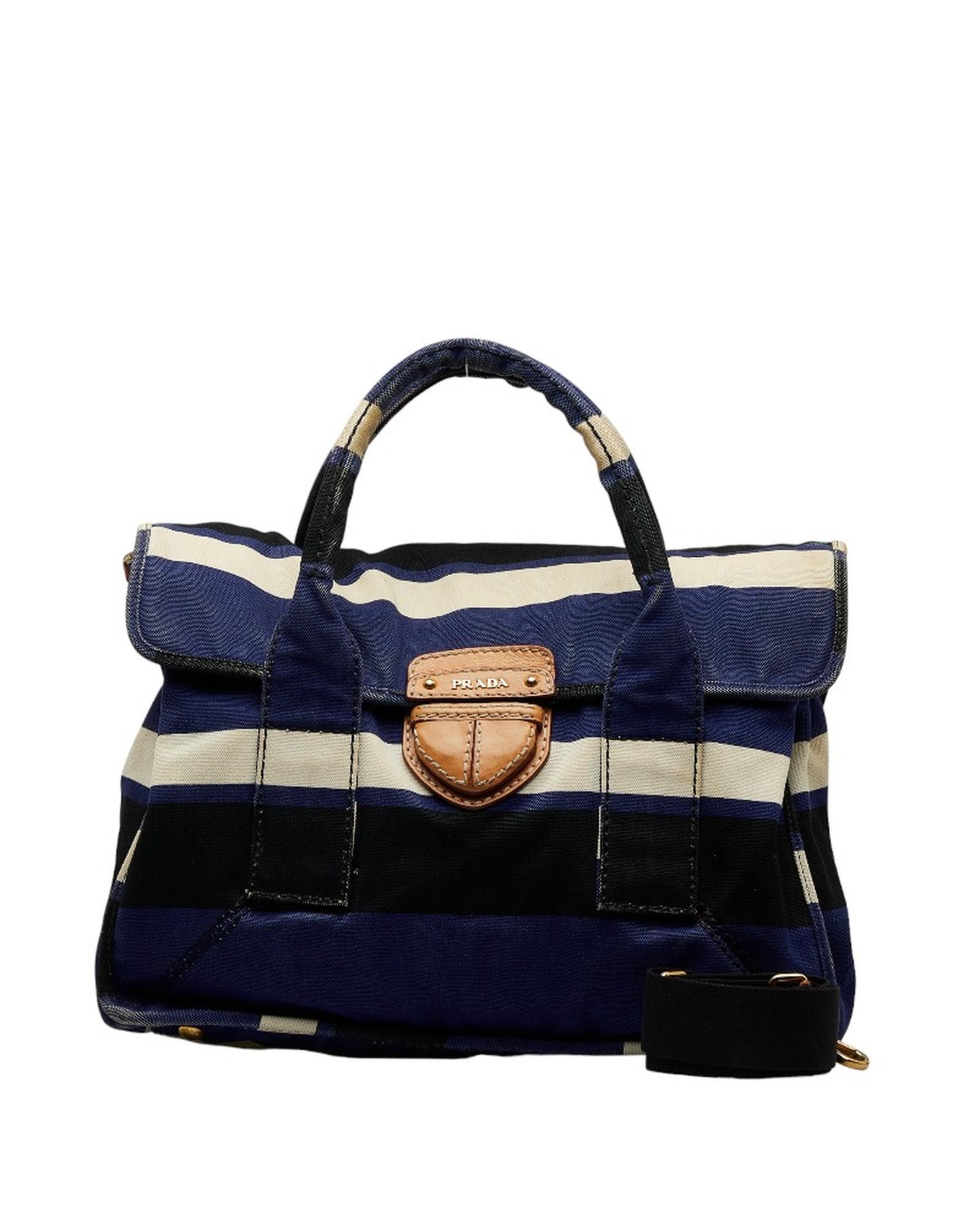 image of Prada Striped Handbag In Ab Condition in Blue, Women's