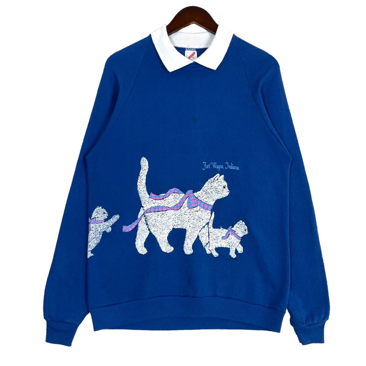 image of Cartoon Network x Jerzees Vintage Sweathsirt Jerzees Fort Wayne, Indiana Usa Cat Logo in Blue (Size