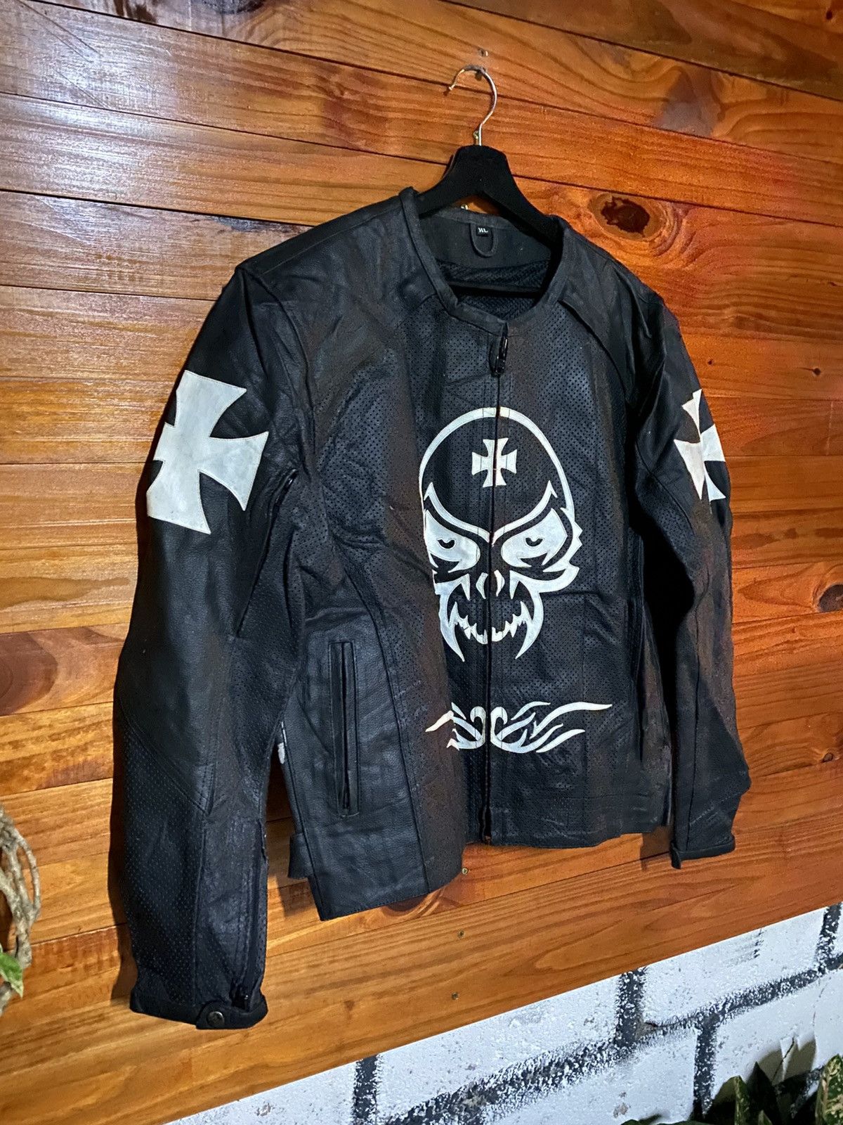 Japanese Brand SRAI Moto Black Leather Skull Jacket – Gothic Cross Tribal Size US L / EU 52-54 / 3 - 5 Thumbnail