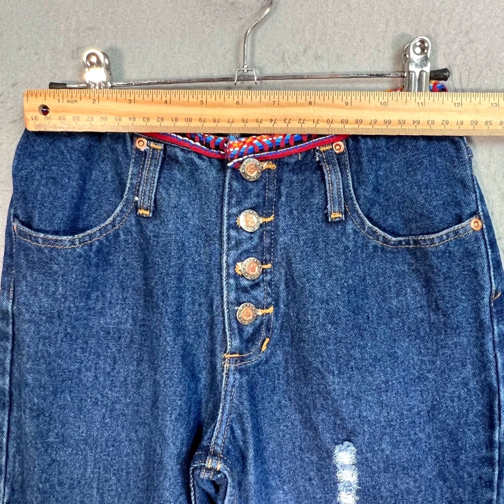 Denime VINTAGE OA Womens Denim Jeans Flared 3 Blue Mid Rise Embroidered Waistband 32 In Inseam Women’s Size 26" / US 2 / IT 38 - 6 Thumbnail