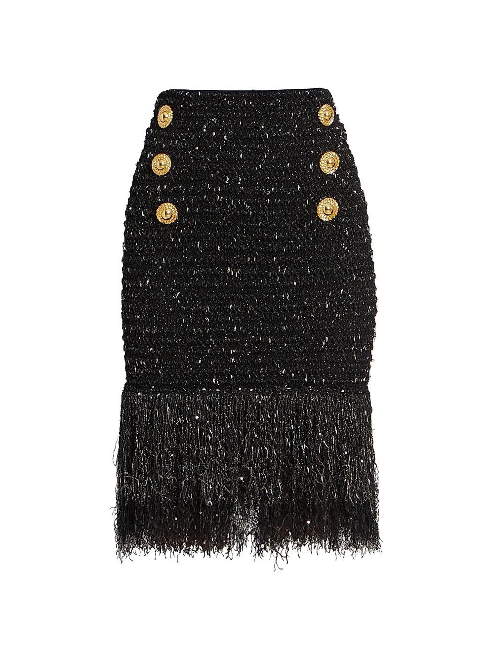 Balmain o1s1wg110825 Tweed Fringe Midi Skirt in Black Size 27" / US 4 / IT 40 - 1 Thumbnail