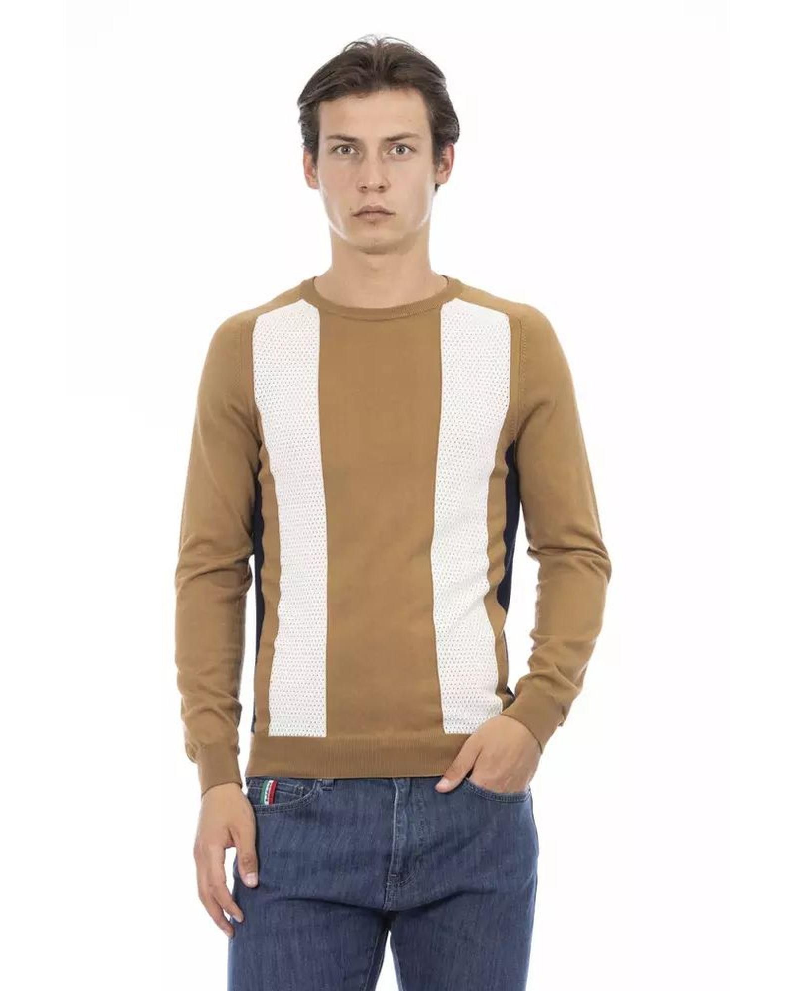 image of Baldinini Ribbed Crew Neck Long Sleeve Sweater in Brown, Men's (Size Large)