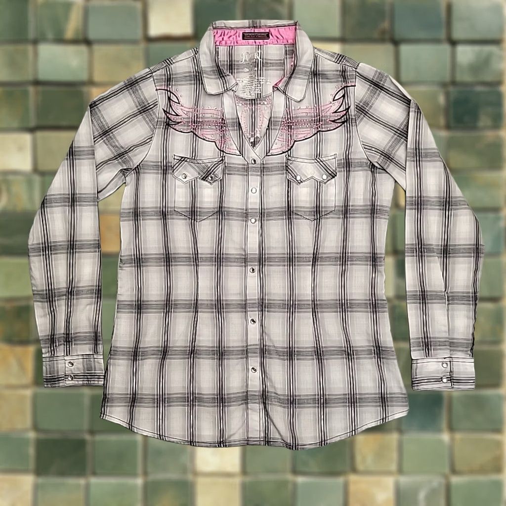 Wrangler Rock 47 Wrangler Shirt Women L Plaid Rhinestone Beaded Thick Stitch Western Snap Shirt Size L / US 10 / IT 46 - 1 Thumbnail