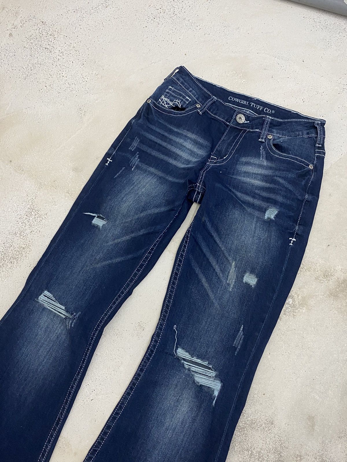 Japanese Brand × Le Grande Bleu (L.G.B.) × Tornado Mart Flare Cowgirl Tuff Jean Blue Washed Whisker Distressed Size US 26 / EU 42 - 3 Thumbnail