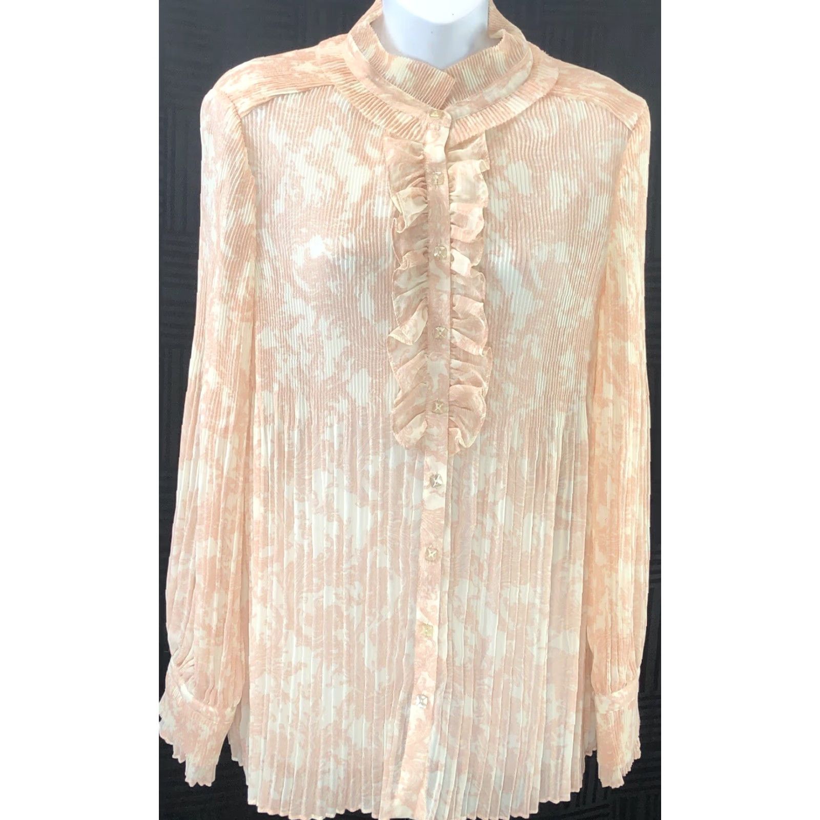 Vintage Dialogue Chiffon Top M Peach Paisly Ruffles Collar Pleated Coquette Romantic | Shirt | Women | M | Peach | Paisley Chiffon Top | 60s? Size M / US 6-8 / IT 42-44 - 7 Thumbnail