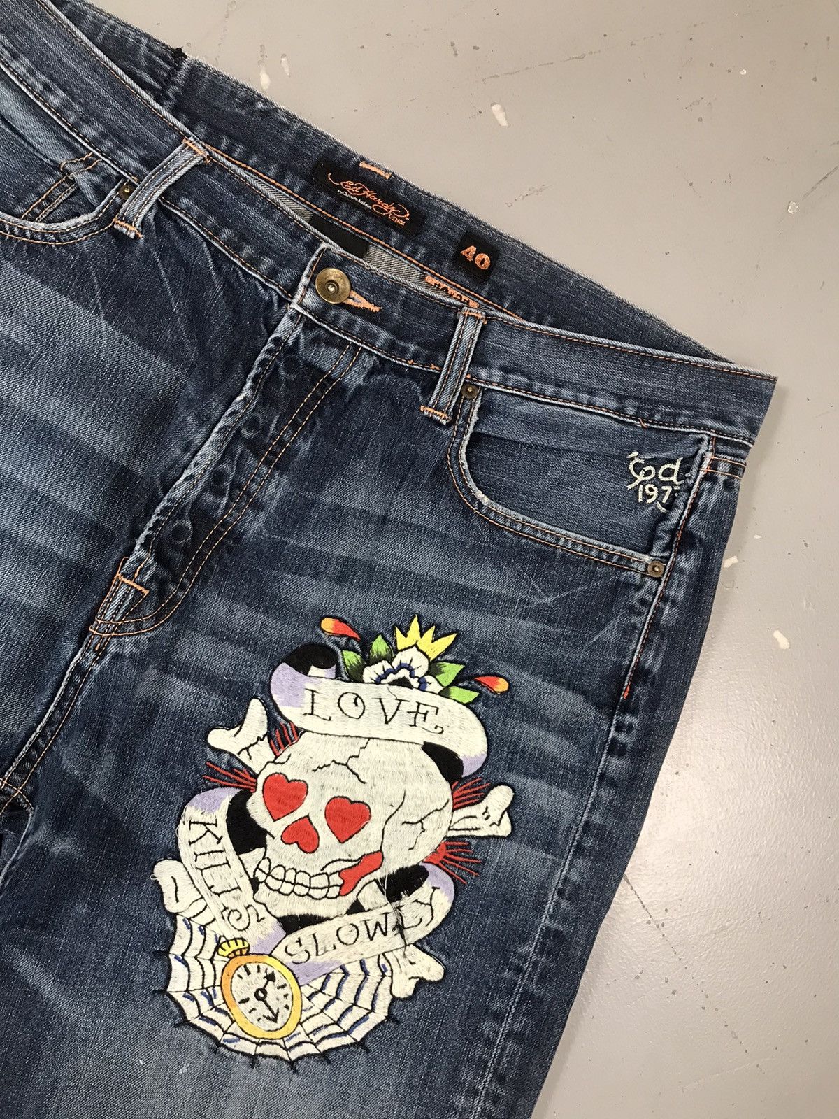 Ed Hardy × Vintage Vintage Ed hardy crazy skull embroidered denim Size US 40 / EU 56 - 4 Thumbnail