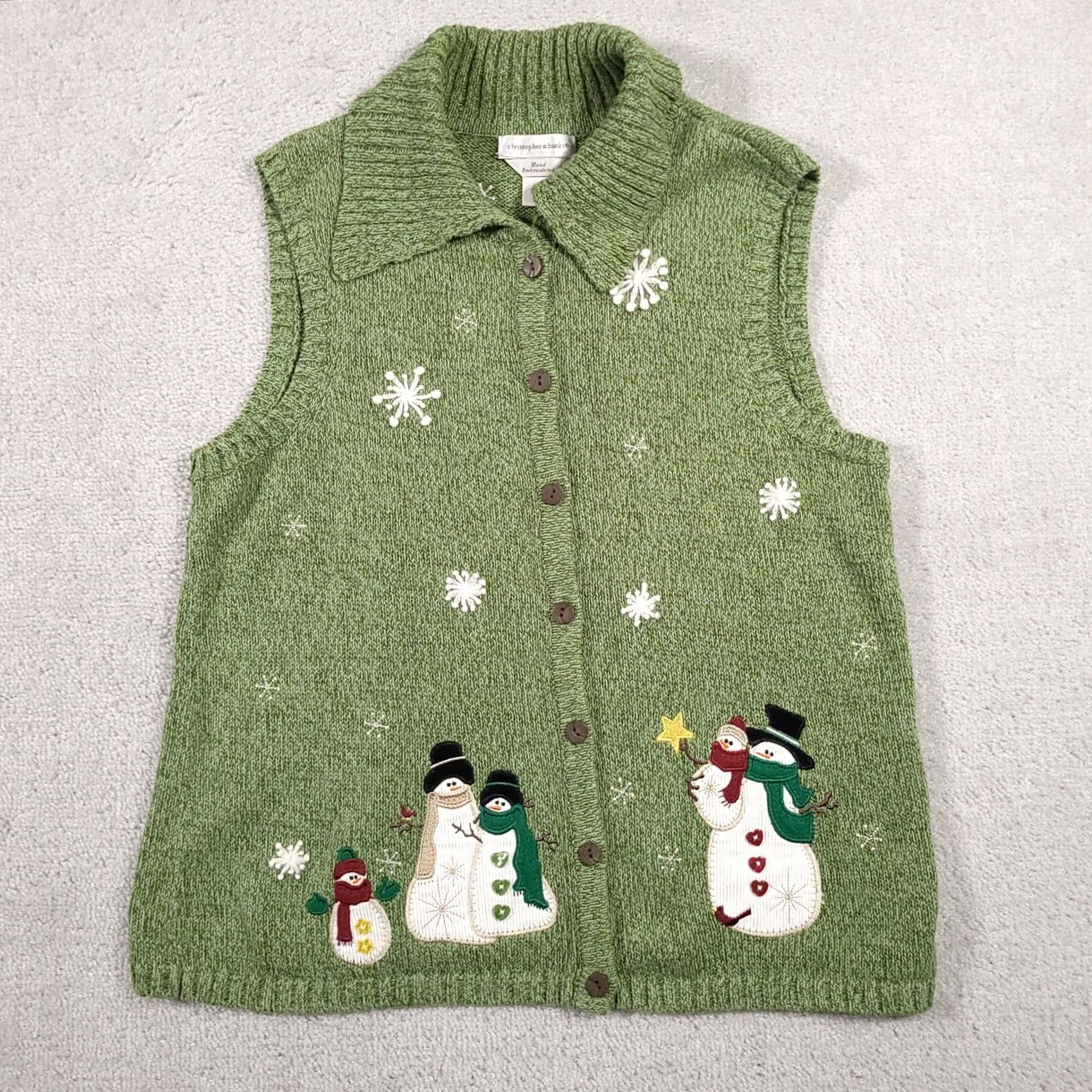 Vintage VINTAGE Christopher & Banks Sweater Vest Shirt Women Medium Green Button Up Collar Snow 80s 90s Holiday Garden Cottagecore Size M / US 6-8 / IT 42-44 - 2 Thumbnail
