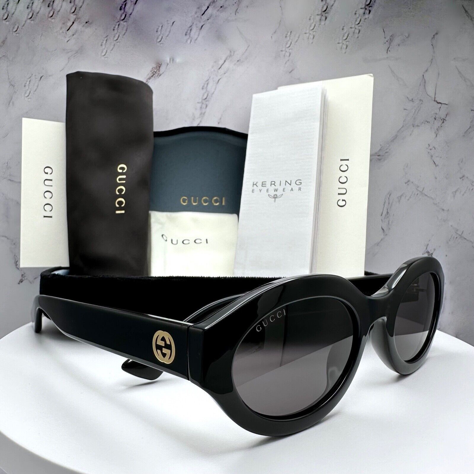 Gucci New GUCCI Sunglasses Black Oval Gold Interlocking GG Size ONE SIZE - 3 Thumbnail