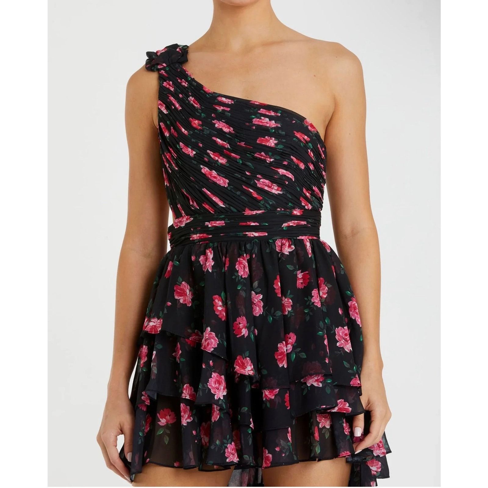 Mac Duggal Mac Duggal One shouldered ruffled rose print layered dress Size XS / US 0-2 / IT 36-38 - 4 Thumbnail