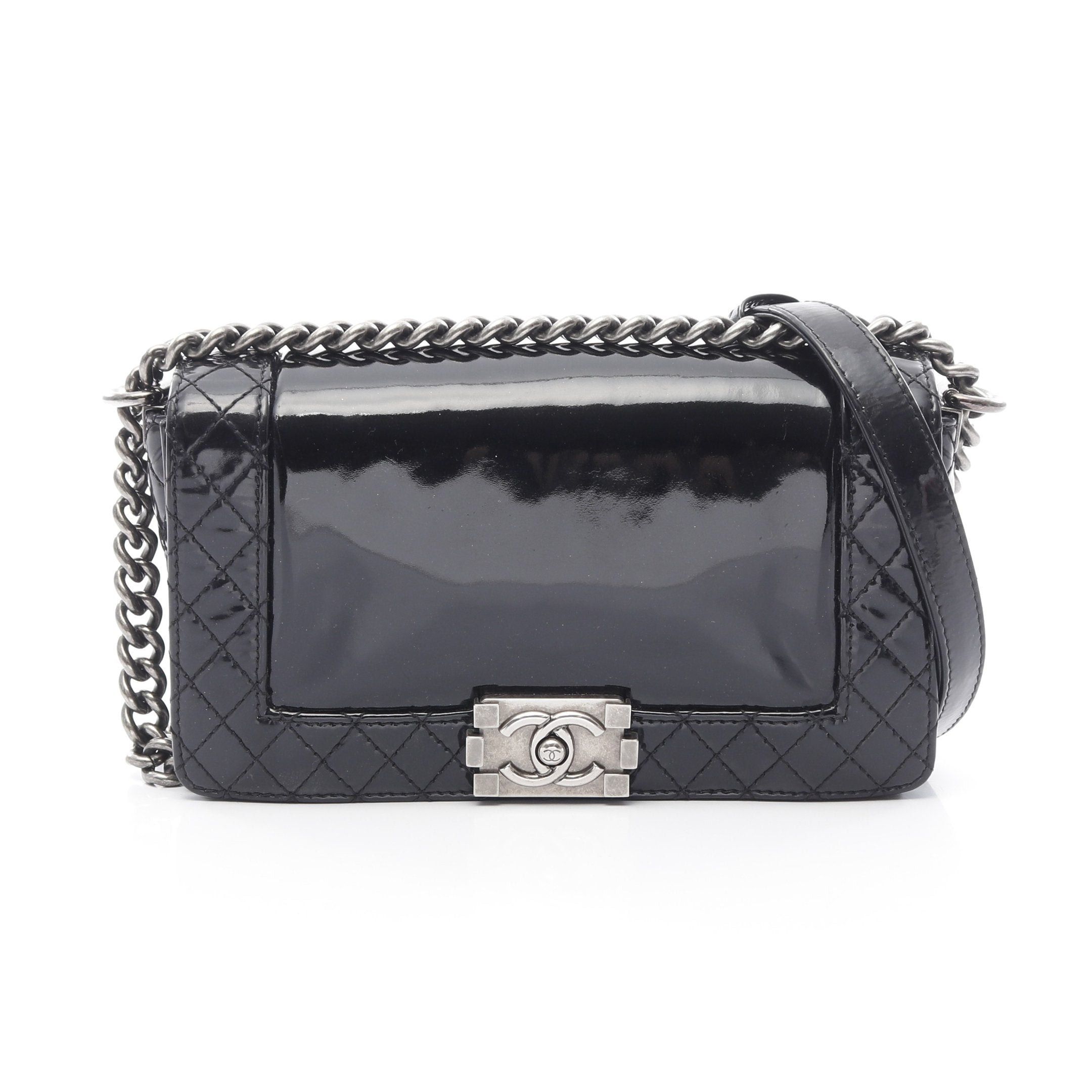 Chanel Boy Chanel Chain Shoulder Bag Patent Leather Black Antique Silver Hardware, Women's