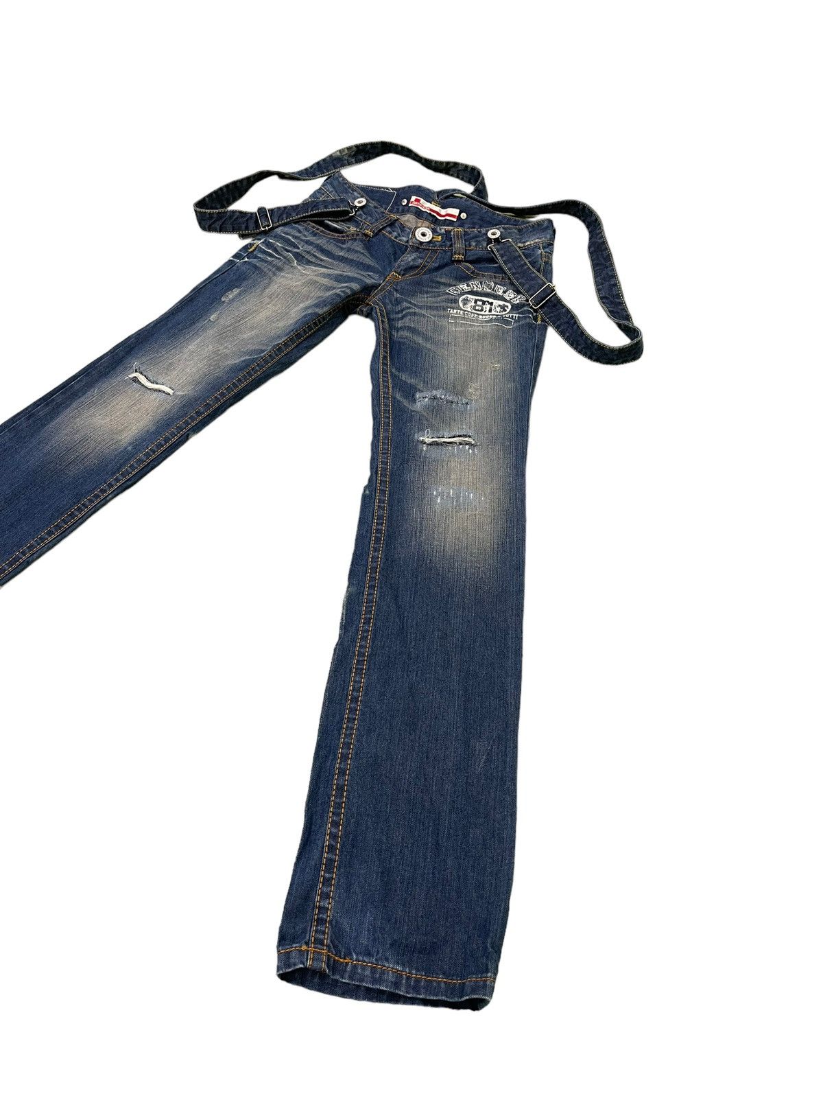 Japanese Brand Suspender Jeans Genoese Distres Low Rise Slim 7🟦5 Size US 28 / EU 44 - 3 Thumbnail