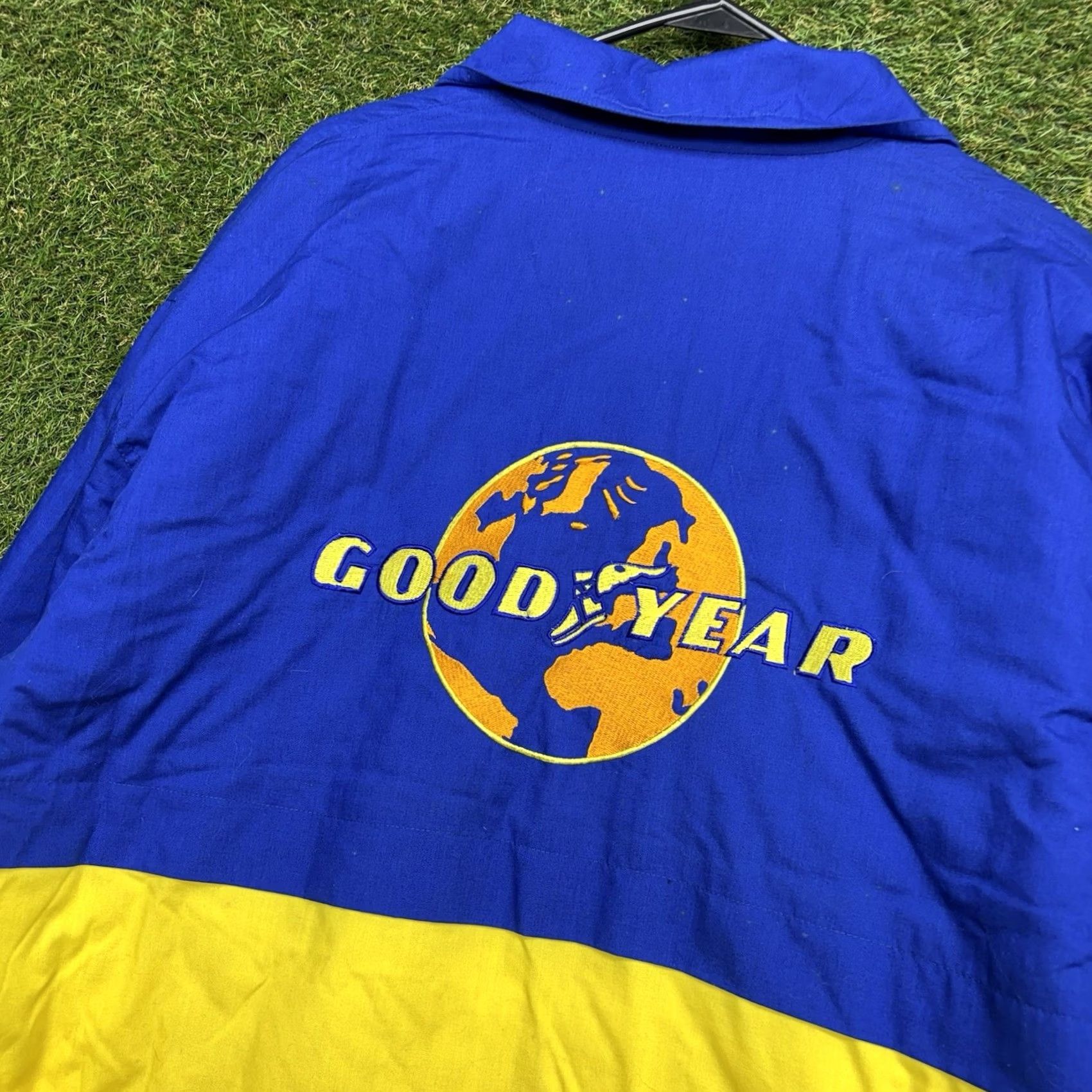 Vintage VINTAGE Goodyear Jacket Mens XL Bomber Racing Embroidered Blue Zip Up Earth Nylon Satin Lining Pattern Solid Compact Casual Mens Jacket Size US XL / EU 56 / 4 - 2 Thumbnail