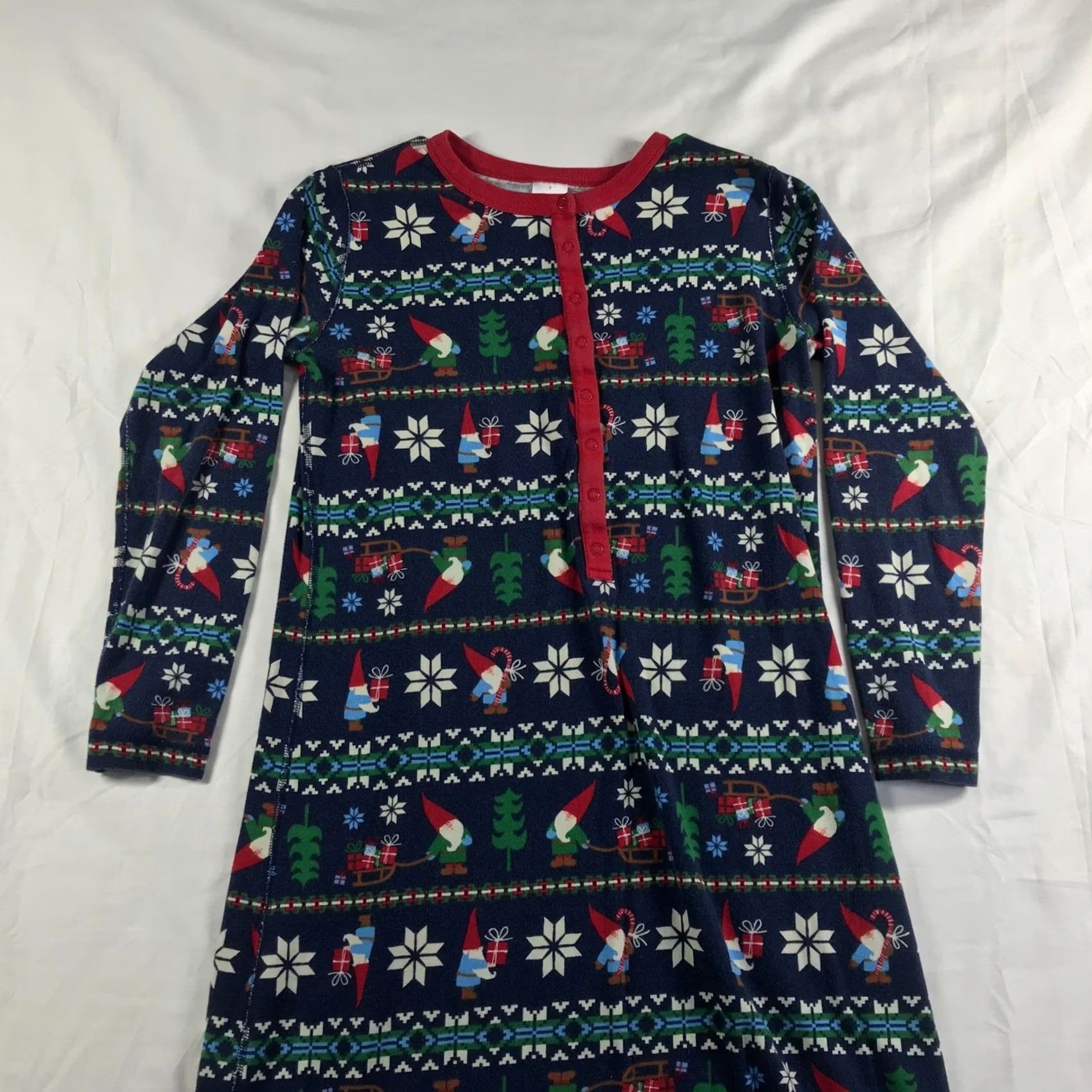 Vintage Hanna Andersson Womens Nightgown Organic Cotton Gnome Fair Isle Christmas Navy S Nightgown Dress Long Sleeve Henley Button Winter Holiday Womens Size ONE SIZE - 5 Thumbnail