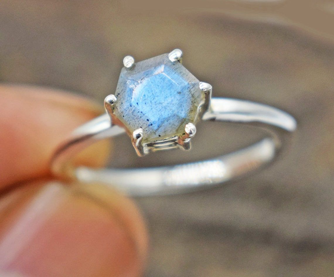 Handmade Blue Labradorite 925 Sterling Silver Ring: Boho Tiny Jewelry Size ONE SIZE - 4 Thumbnail