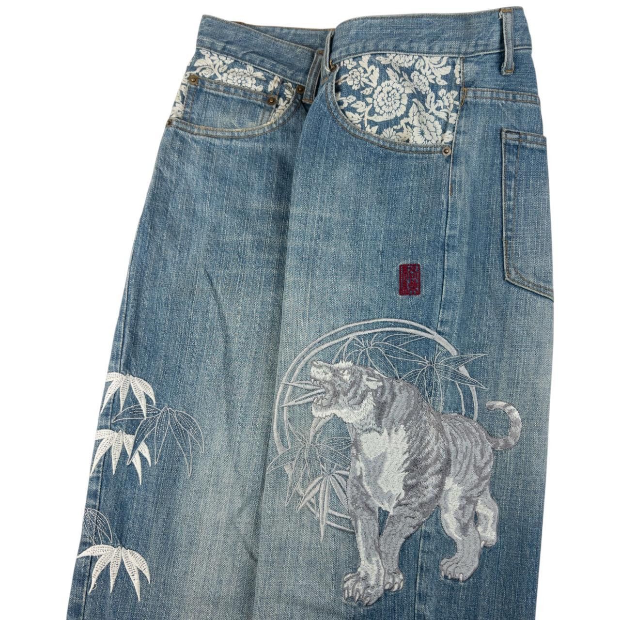 Other Vintage Karakuri Tamashii Embroidered Japanese Denim Jeans Size US 34 / EU 50 - 8 Thumbnail