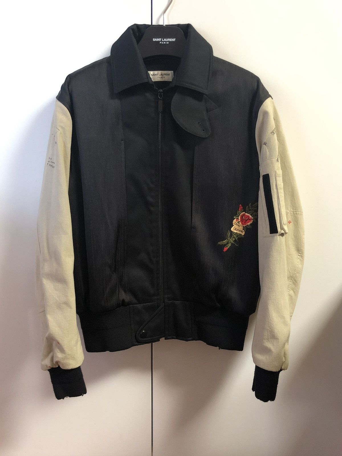 image of Saint Laurent Paris Distressed Embroidered Bomber Size F38 in Black, Women's