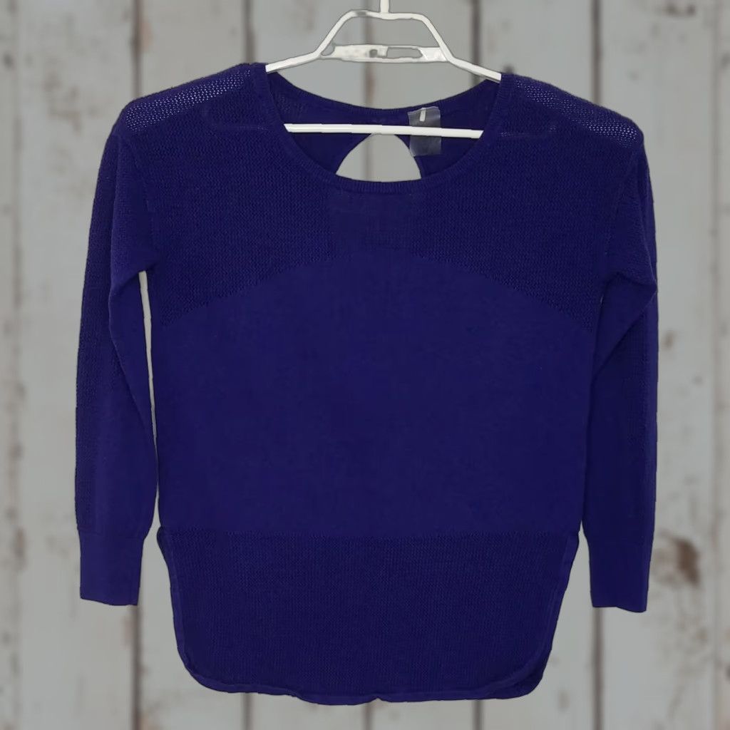 Vintage CALIA By Carrie Underwood Sweater Top Shirt Womens Medium Dark Purple Cotton Blend Knit Open Back Side Slit Circle Scoop Neck Long Sleeve Size M / US 6-8 / IT 42-44 - 1 Thumbnail