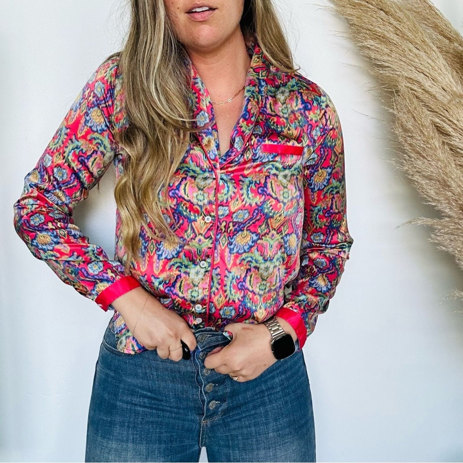 ANTHROPOLOGIE ELOISE Pink Blue Print Silky Blouse PJ Top
