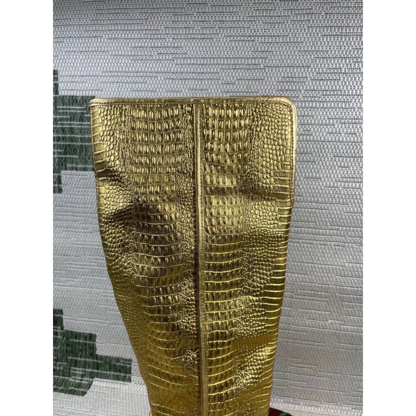 Vintage Cecelia New York Reckon Boots Womens Size 8 B Gold Leather Croc Embossed Mid-Calf Riding Block Heel Leather Lining Casual Outdoor Vintage: No Size US 8 / IT 38 - 3 Thumbnail