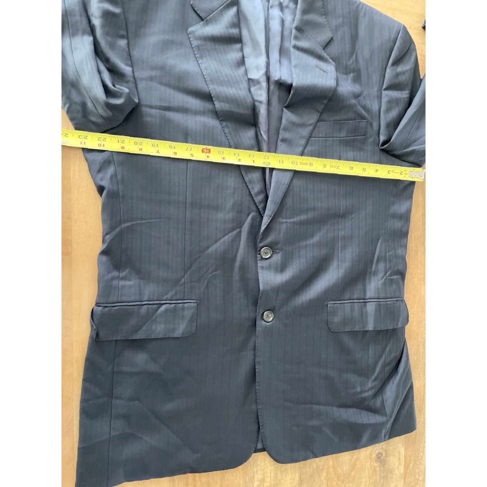 Vintage Hickey Freeman Blazer Mens Wool Stripe Dark Blue 44R Wool Notch Double-Vented 2-Button Front Suit Jacket Coat USA Modern/Classic Dress Suit Size 44R - 8 Thumbnail