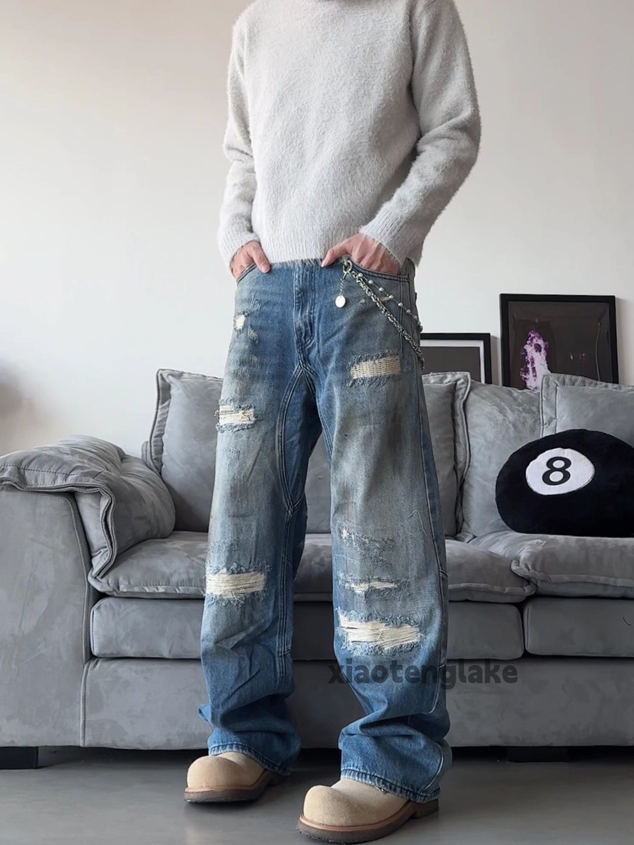 Unisex punk grunge loose baggy stain paint ripped jeans