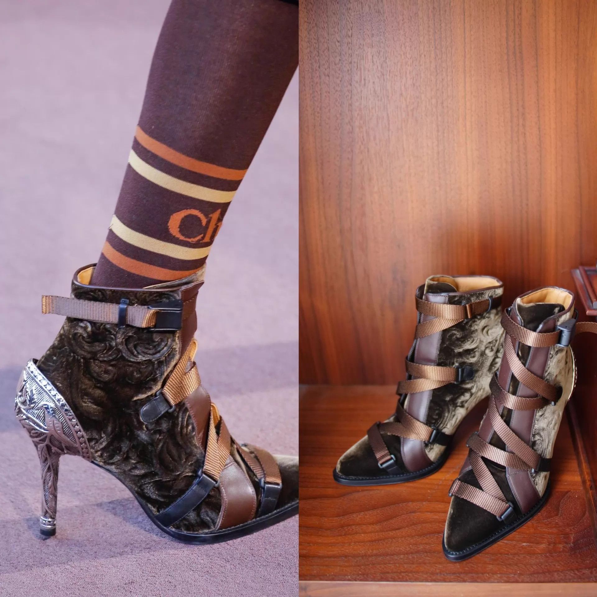 Chloe Chloe 2018 FW Carved Metal Heel Velvet Strap Booties 39 Size US 8.5 / IT 38.5 - 1 Thumbnail
