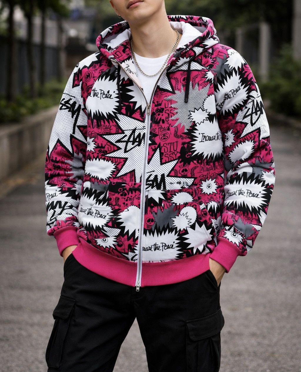 Stussy Stüssy Zip Hoodie All Over Print Pink Graphic Streetwear Size US L / EU 52-54 / 3 - 8 Thumbnail