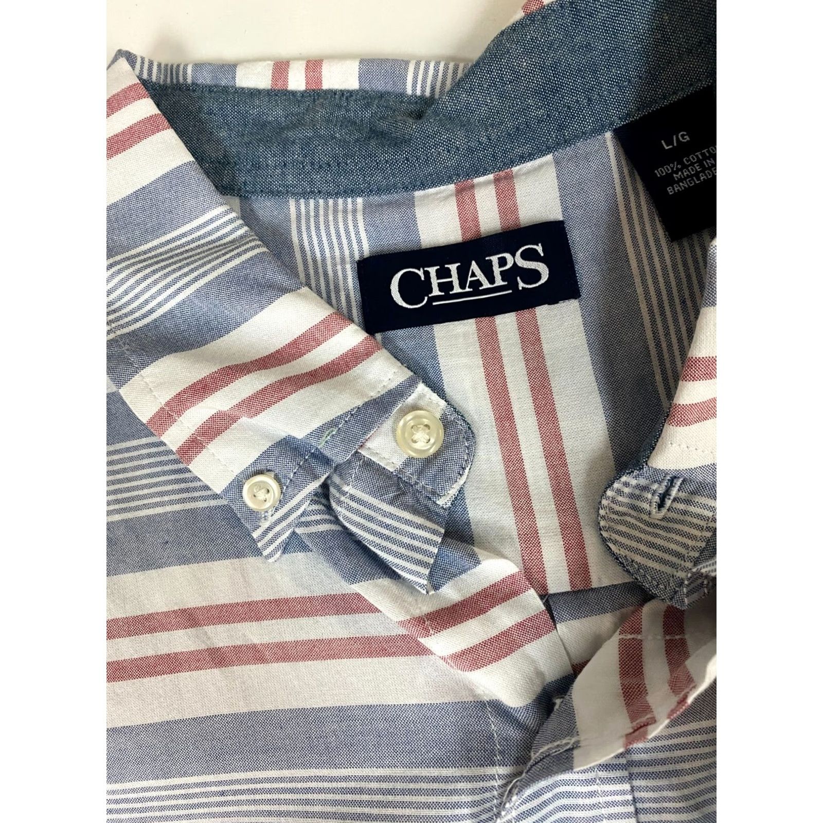 Chaps Chaps Shirt L Men Blue Striped Button-Down Short Sleeve Cotton Knit Casual Surf 90s? Size US L / EU 52-54 / 3 - 4 Thumbnail