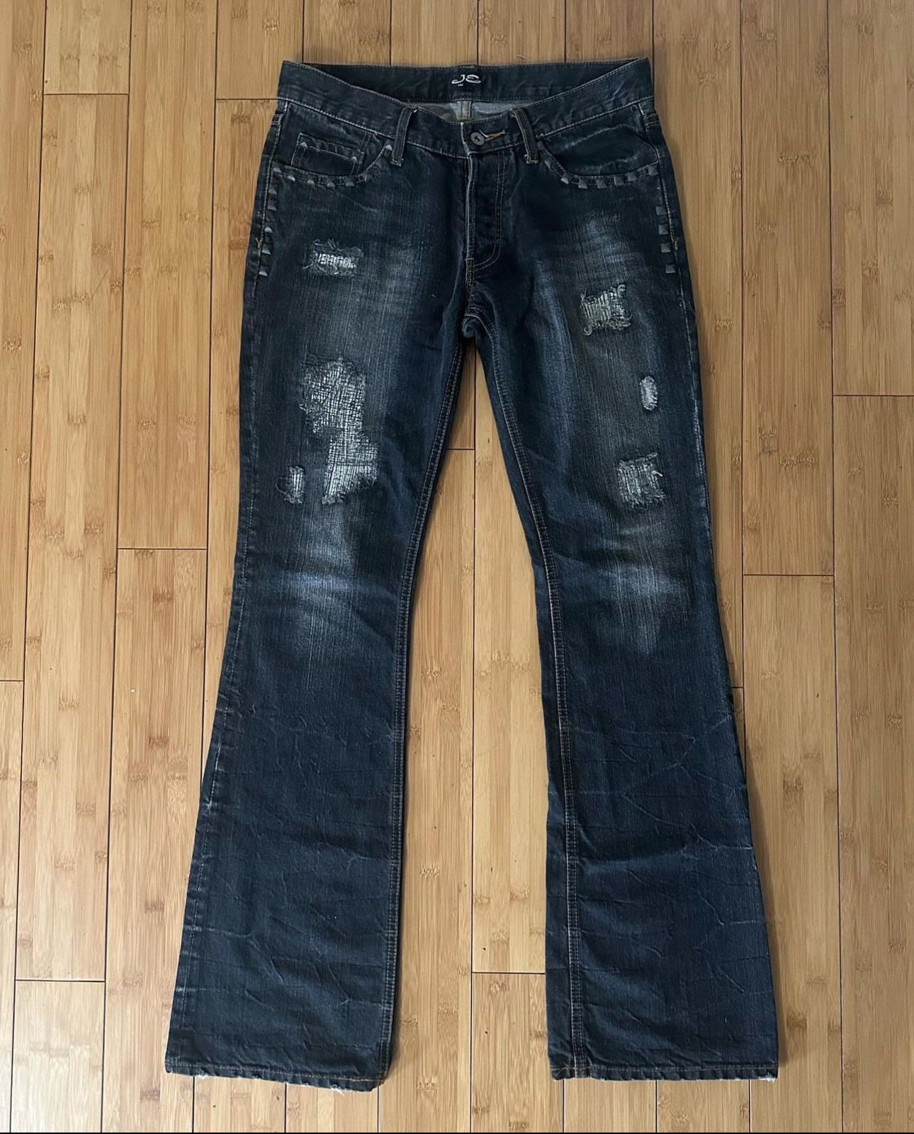 image of Archival Clothing x Jack Rose Distressed Studded Flared Denim in Grey, Men's (Size 31)