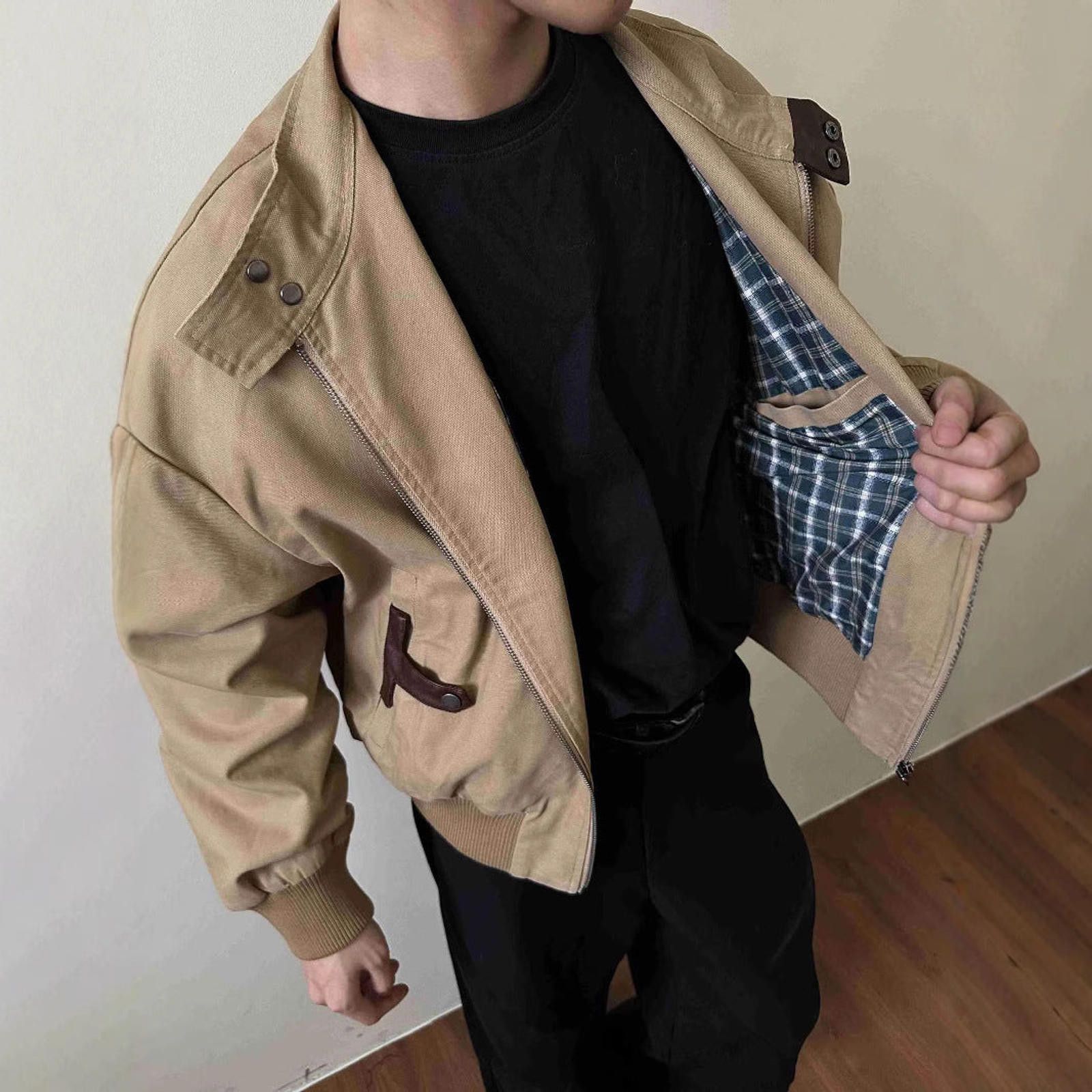 Beige Casual Bomber Jacket Relaxed Fit Outerwear