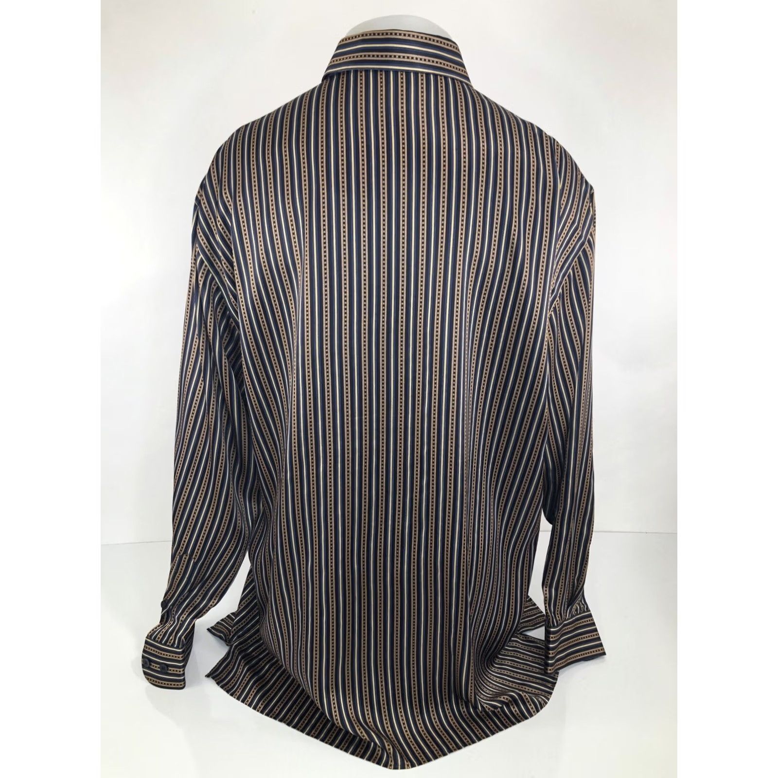 Vintage Bernini / Beverly Hills / Italy - Silk Stripe Shirt - 2XL - Blue / Gold / Black - Button-Up, Long Sleeve, Men Size US XXL / EU 58 / 5 - 4 Thumbnail