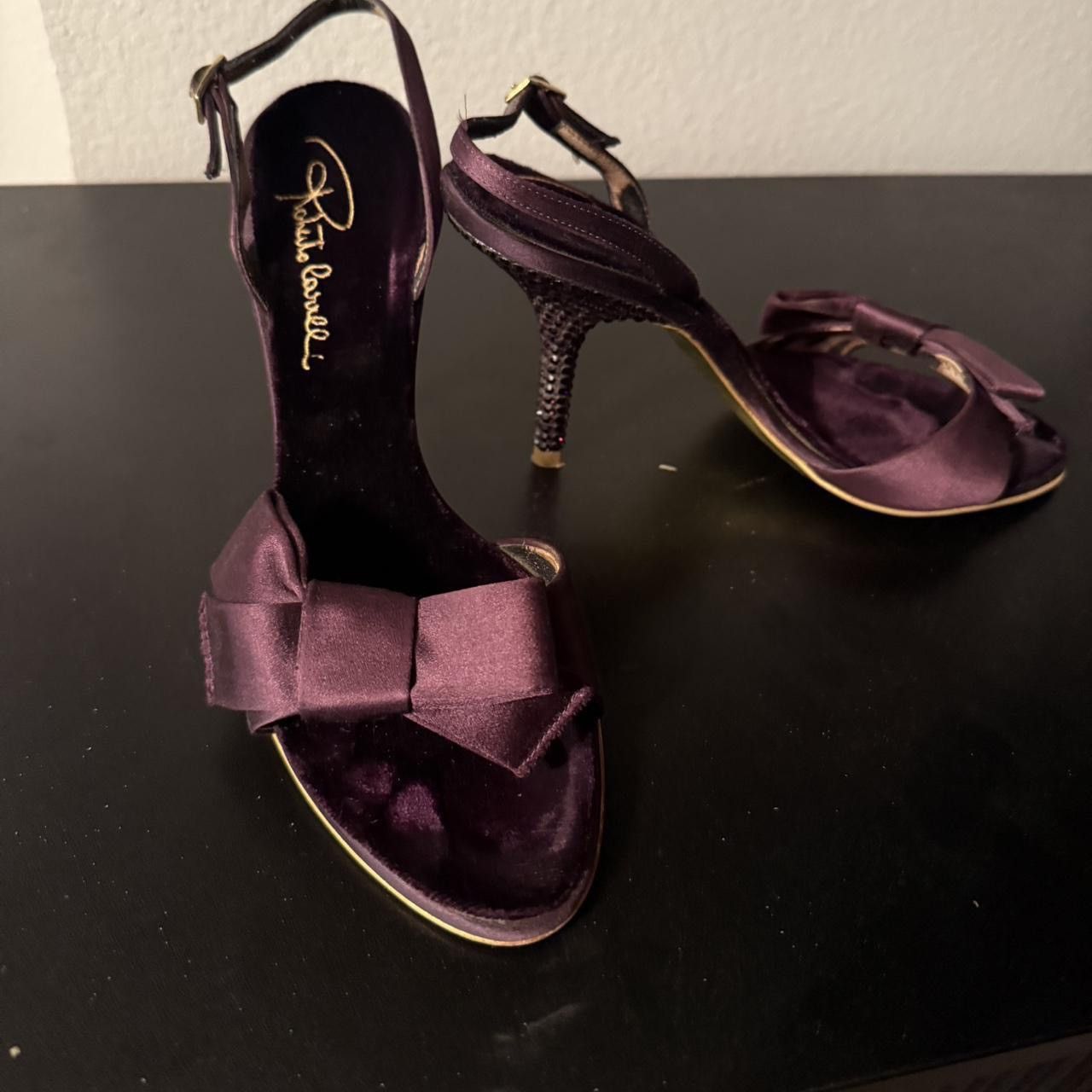 Roberto Cavalli Roberto Cavalli VINTAGE Rare dark purple satin open toe heel Size US 7 / IT 37 - 8 Thumbnail