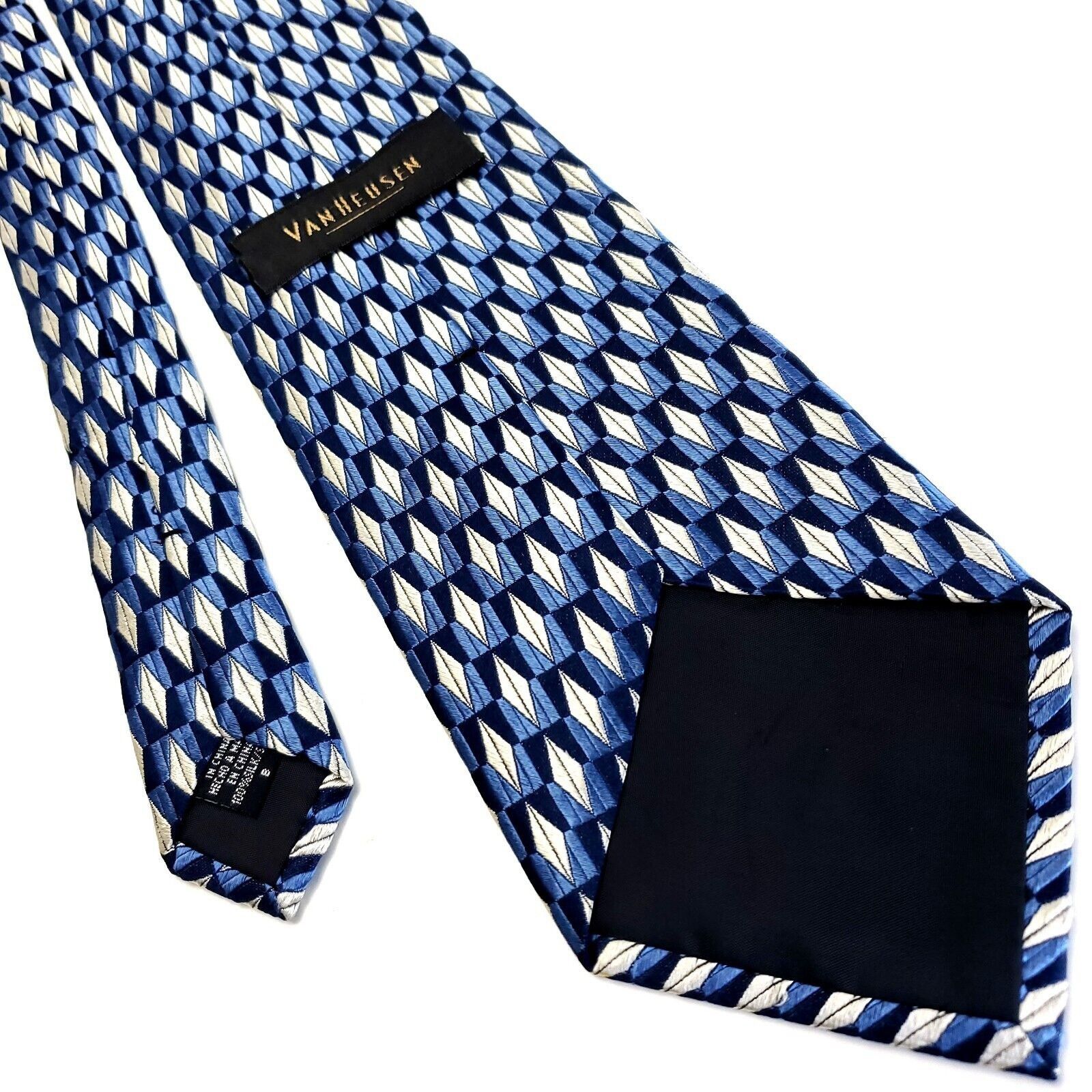 Van Heusen Van Heusen Blue White Silk Tie Woven Geometric Size ONE SIZE - 3 Thumbnail