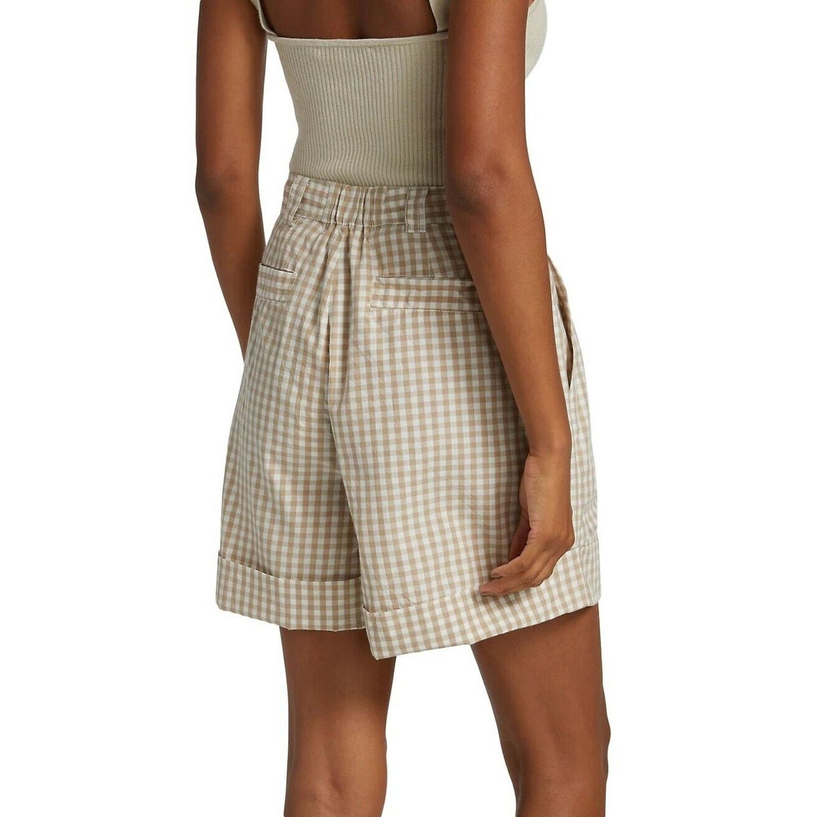 The Unbranded Brand by TiMo Women Beige Checks High Waist Pleated Shorts Size S Size 28" / US 6 / IT 42 - 2 Thumbnail